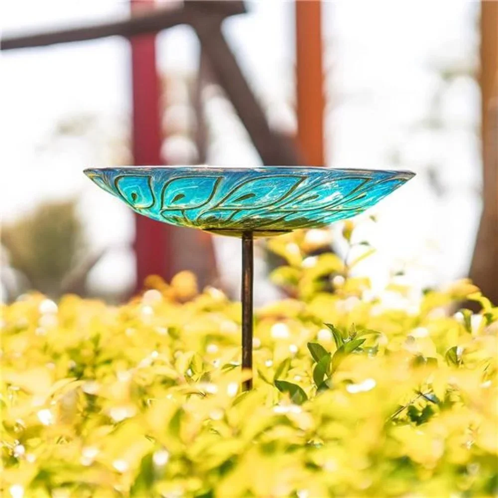 Glass Bird Bath, Garden Outdoor Birdbaths Birdfeeder with Metal Stake Peacock